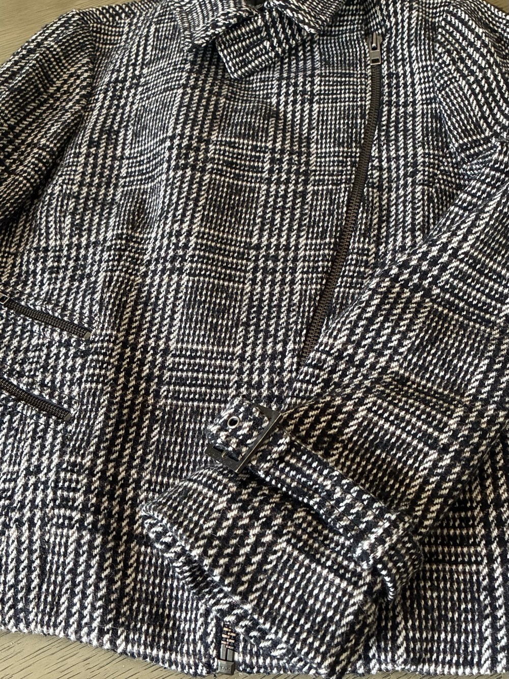 Zara Black and White Houndstooth Trench Jacket with Zipper Detail